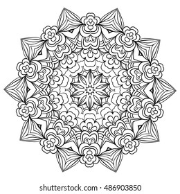 Ornamental round doily pattern with ethnic and floral elements for adult coloring book, t-shirt design or tattoo. Black and white zentangle vector mandala. Zendala.