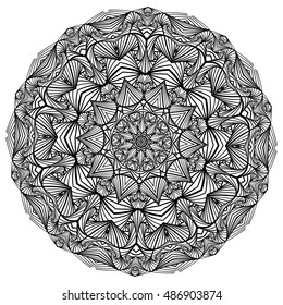 Ornamental round doily pattern with ethnic elements for adult coloring book, shirt design or tattoo. Black and white zentangle vector mandala. Zendala.