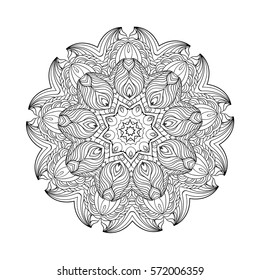 Ornamental round doily pattern with ethnic elements for the adult coloring book, greeting cards, shirt design or tattoo. Black and white zentangle vector mandala
