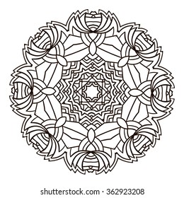 Ornamental round doily pattern with floral elements for coloring book for adult, shirt design or tattoo. Black and white mandala.