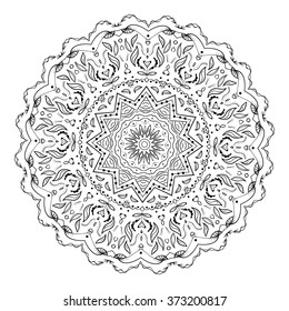 Ornamental round doily pattern with floral elements for adult coloring book, shirt design or tattoo. Black and white zentangle mandala.