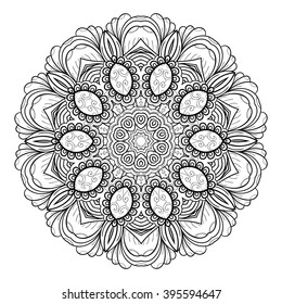 Ornamental round doily pattern with floral elements for coloring book for adult, shirt design or tattoo. Black and white zentangle mandala.