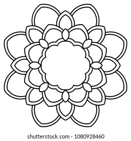 Ornamental round doodle flower isolated on white background. Black outline mandala, frame. Geometric circle element. Vector illustration.