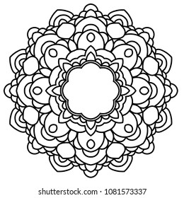 Ornamental round doodle flower isolated on white background. Black outline mandala, frame. Geometric circle element. Vector illustration.