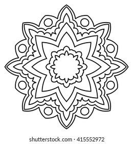 Ornamental round doodle flower isolated on white background. Black outline mandala. Geometric circle element. Vector illustration.