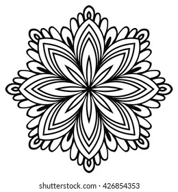 Ornamental round doodle flower isolated on white background. Black outline mandala. Geometric circle element. Vector illustration.