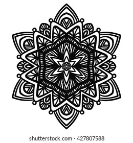 Ornamental round doodle flower isolated on white background. Black outline mandala. Geometric circle element. Vector illustration.