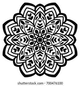 Ornamental round doodle flower isolated on white background. Black outline mandala. Geometric circle element. Vector illustration.