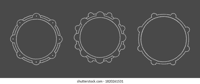 Ornamental round dot, snow frames set. Circle, ring shape vector text frame made of hand drawn dots, beads, blobs, dot snowflakes, spots. Winter dotty abstract backgrounds, border templates.