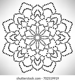 Ornamental round dotted flower isolated on white background. Black halftone mandala. Geometric round element. Vector illustration.