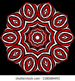 Ornamental round element for design. Geometric circle ornament in white and red colors on dark background. Decorative rosette - mandala. Vector illustration
