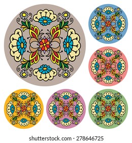 Ornamental round floral pattern. Arabic islamic ornament. Set of six colorful isolated design elements on white background. 