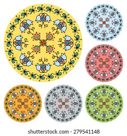 Ornamental round floral pattern. Arabic islamic ornament. Set of six colorful isolated design elements on white background. 