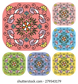 Ornamental round floral pattern. Arabic islamic ornament. Set of six colorful isolated design elements on white background. 