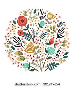 Ornamental round floral pattern, circle background with cute details. Round shape made of leaves and different flowers. Summer background. 