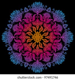 Ornamental round floral pattern, circle background with many colorful details in indian style