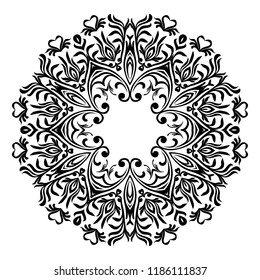 Ornamental round floral pattern. Ornament with vintage elements. Hand lace Napkin. Beautiful elegant vintage knitted lacy napkin. Table decoration or wedding invitation. Round lace pattern. Decorative