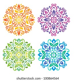 Ornamental round floral pattern. Set of four colorful ornament