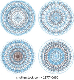Ornamental round floral pattern. Set of four colorful ornament