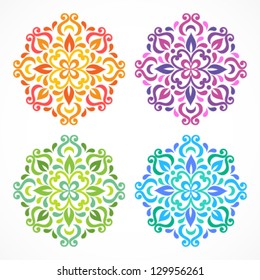 Ornamental round floral pattern. Set of four colorful ornament