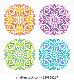 Ornamental round floral pattern. Set of four colorful ornament