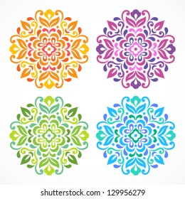 Ornamental round floral pattern. Set of four colorful ornament