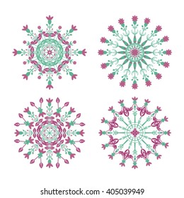 Ornamental round floral pattern. Set of four beautiful ornament
