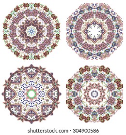 Ornamental round floral pattern. Vector set of four ethnic ornaments.