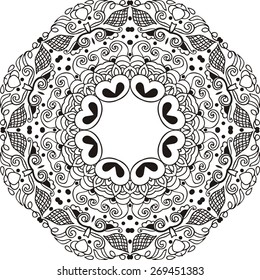 Ornamental round frame, lace pattern, circle background with many details, looks like crocheting handmade lace, abstract circular pattern of arabesques (vector illustration).
