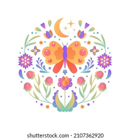 Ornamental round gradient floral pattern. Natural garden elements arrangement with flowers, leaves and butterfly. Round shape made of leaves and different flowers. Summer or spring circle background.
