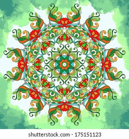 Ornamental round green lace pattern, circle background with many details