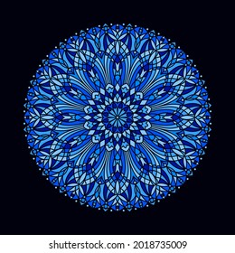 Ilustración redonda ornamental, mandala, forma de círculo estampado. Vidrio manchado, ornamento radial vectorial de ventana rosa, fondo azul oscuro. Elemento de diseño gráfico, decoración de mosaico, plantilla de marco de texto.