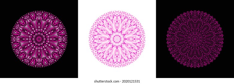 Ornamental round illustration, mandala, patterned circle shape. Stained glass vector radial ornament, pink background.  Linear editable shape. Graphic design element, mosaic decoration, text frame.