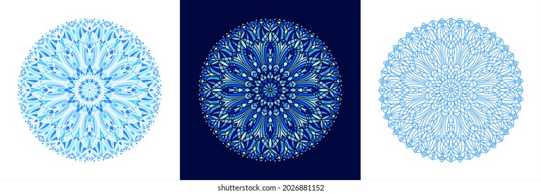 Ornamental round illustration, mandala, patterned circle. Stained glass vector radial ornament, blue background. Linear editable shape. Graphic design element, mosaic decoration, text frame template.