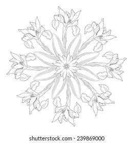 Ornamental round with irises. Vector illustration