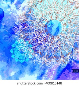 Ornamental round lace, circle ornament on blue background