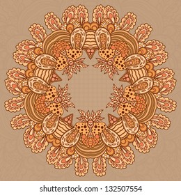 Ornamental round lace frame. Background for celebrations, holidays, sewing, arts, crafts, scrapbooks. Lace doily.
