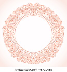 Ornamental round lace frame. Background for celebrations, holidays, sewing, arts, crafts, scrapbooks, setting table, cake decorating. Lace doily.