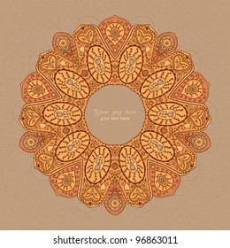 Ornamental round lace frame. Background for celebrations, holidays, sewing, arts, crafts, scrapbooks, setting table, cake decorating. Lace doily.