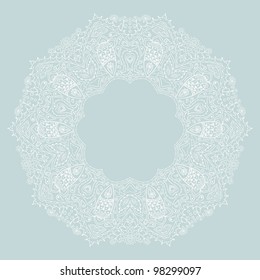 Ornamental round lace frame. Background for celebrations, holidays, sewing, arts, crafts, scrapbooks, setting table, cake decorating. Lace doily.