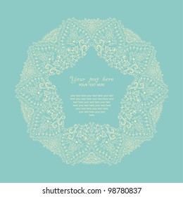 Ornamental round lace frame. Background for celebrations, holidays, sewing, arts, crafts, scrapbooks, setting table, cake decorating. Lace doily.