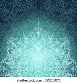 Ornamental round lace pattern. Abstract blue background with shiny mandala. Design element for card, invitation or web. Vector illustration.