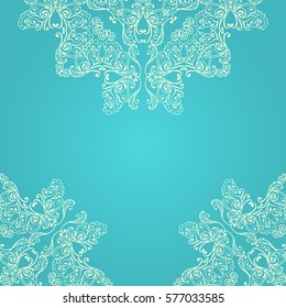 Ornamental round lace pattern. Abstract mandala blue background with place for your text. Design element for greeting card, wedding invitation, save the date or web. Vector illustration.