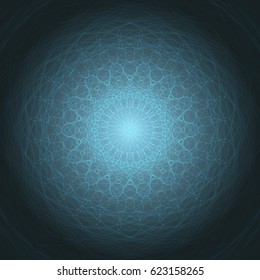 Ornamental round lace pattern. Abstract blue background with shiny mandala. Design element for card, invitation or web. Vector illustration.