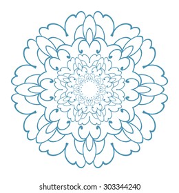 Ornamental round lace pattern. Blue abstract floral ornament, isolated on white background. 