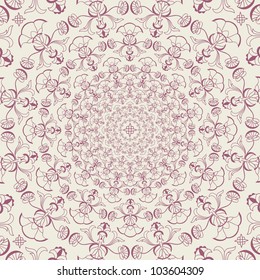 Ornamental round lace pattern, circle background with many details. Flower.