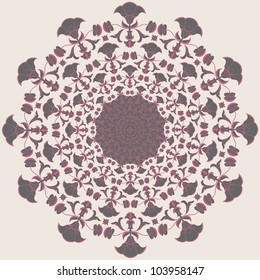 Ornamental round lace pattern, circle background with many details. Flower. On black background.