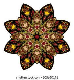 Ornamental round lace pattern, circle background with many details.