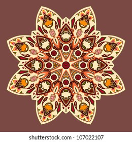 Ornamental round lace pattern, circle background with many details.