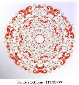 Ornamental round lace pattern, circle background with many details, looks like crocheting handmade lace on grunge background.New brushes are created.